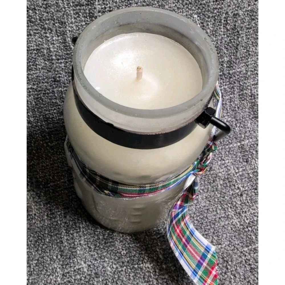 Snowman Sugar Cookie Scented Jar Candle In Black Metal Holder Plaid Ribbon